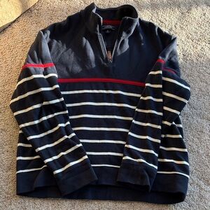 Lands' End Navy and Red Striped Zip-Up Sweater